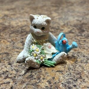 Charming White Cat Figurine with Blue Watering Can
